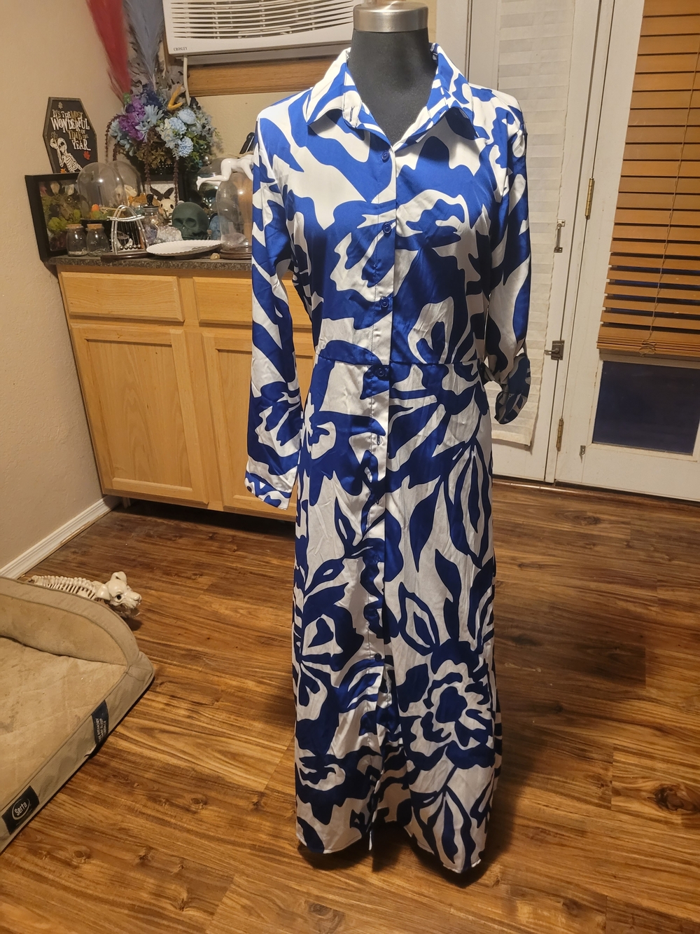 Blue and White Floral Button-Front Maxi Dress